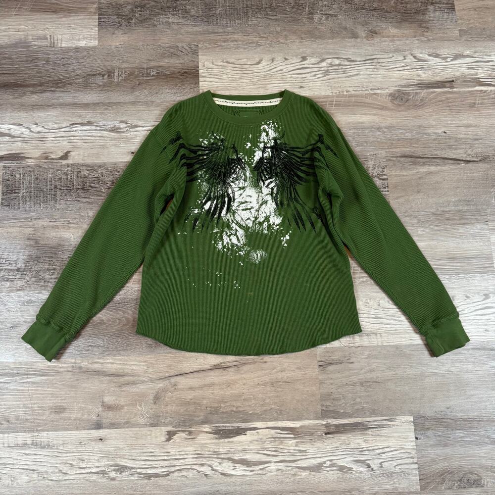 Vintage 90s Y2K Forest Green Waffle Knit Graphic Long Sleeve Grunge Indie XL